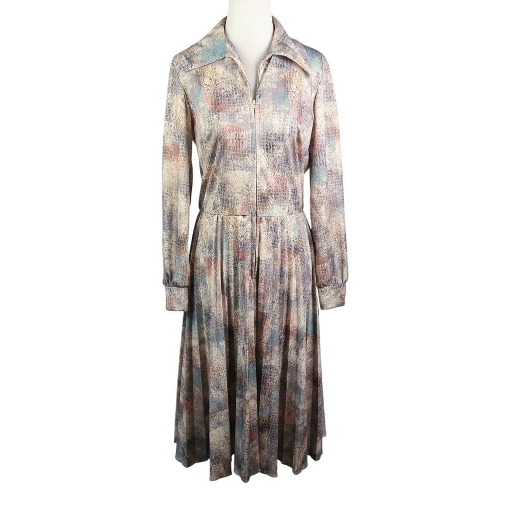 Vintage 70s Bleeker Street Cream Taupe Blue Speckle Print Midi Shirt Dress